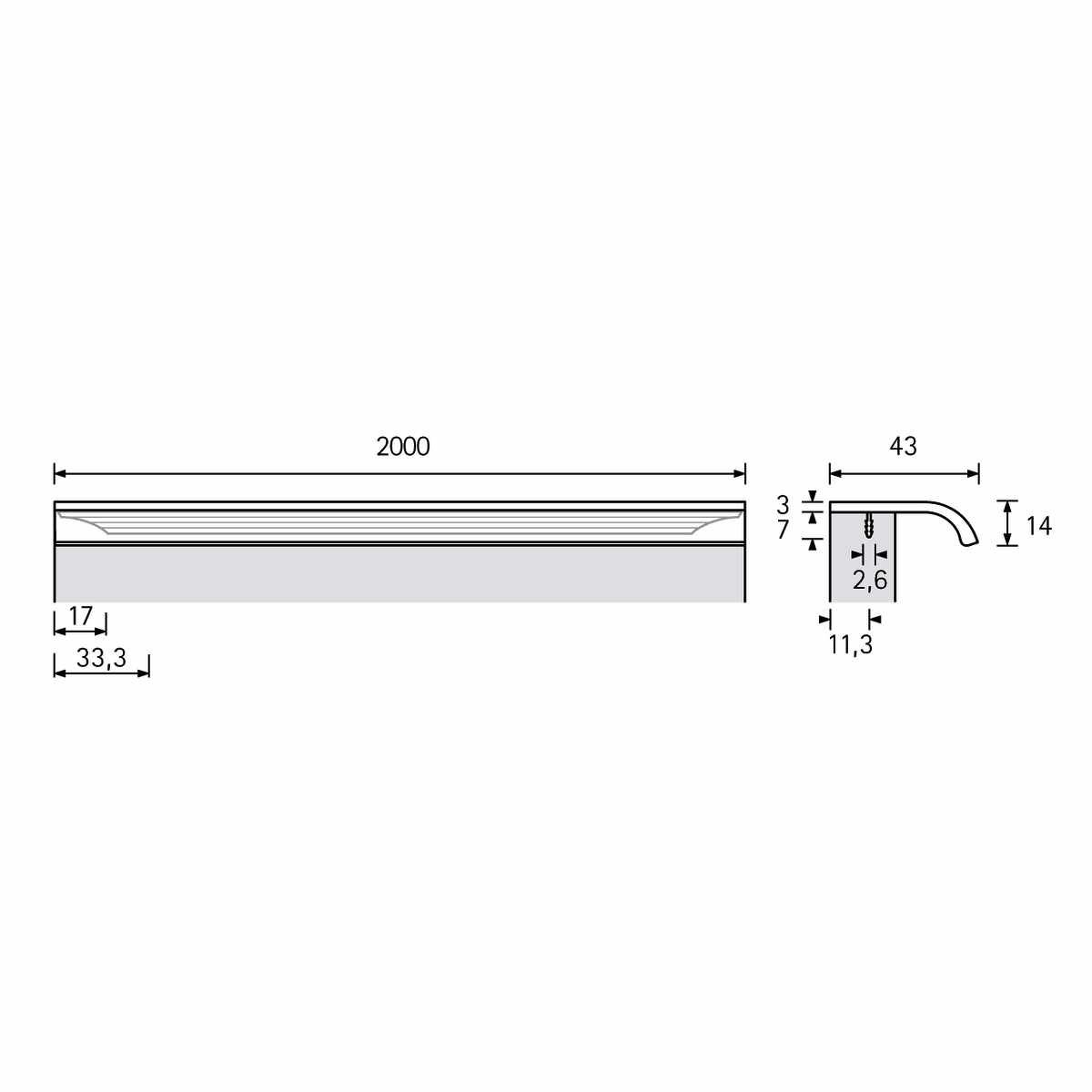 Griffleiste Lindavia, L 2000 mm, B 43 mm, H 14 mm,