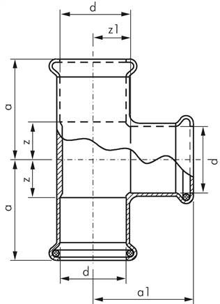 Pressfitting, T-Stück, 15mm innen, Kupfer / Kupferlegierung