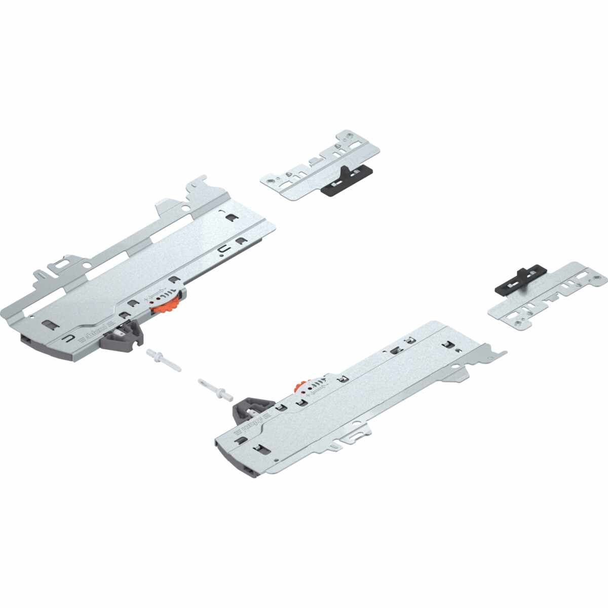 Set (TIP-ON BLUMOTION Einheit + Mitnehmer + Adapter), für MERIVOBOX, Typ L3, NL=350-600 mm, Gesamtgewicht des Auszugs=15-40 kg, links/rechts, R7037 staubgrau