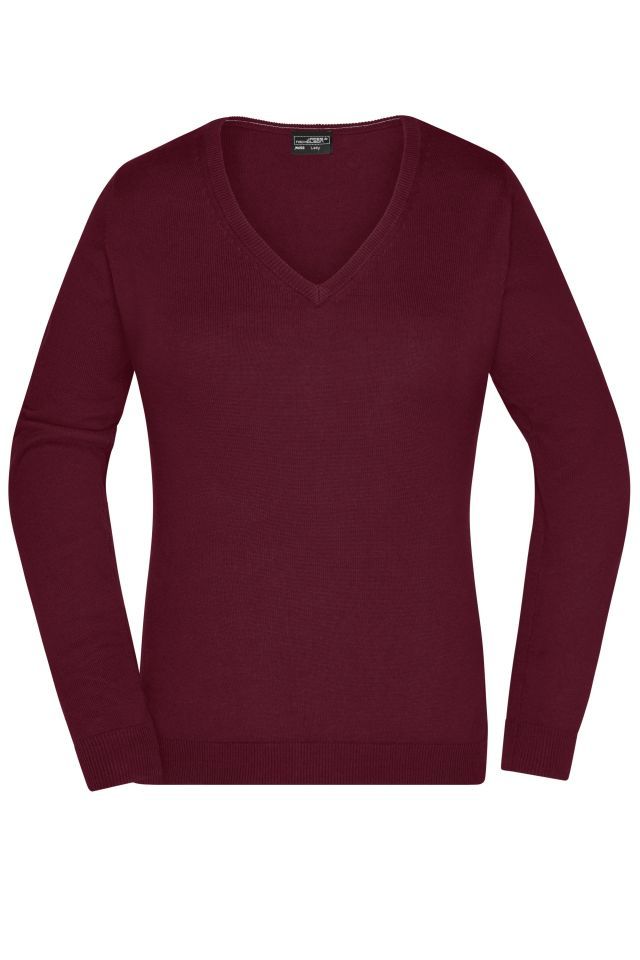 Ladies' V-Neck Pullover Klassischer Baumwoll-Pullover rot/weinrot, Gr. S