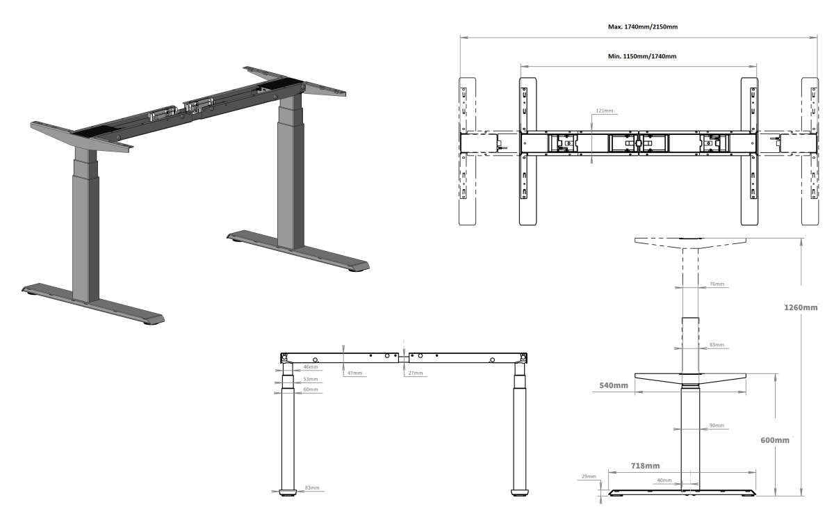 Tischgestell Classic Flex 3D mit 660mm Hub, anthrazit