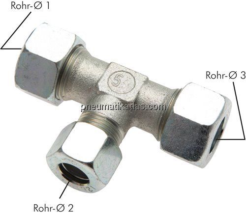 T-Schneidringverschraubung 8 L (M14x1,5)-6 L (M12x1,5)-8 L (M14x1,5), Stahl verz