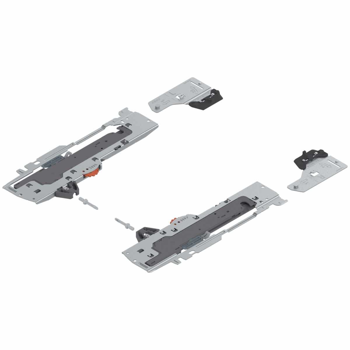 Set (TIP-ON BLUMOTION Einheit + Mitnehmer + Adapter), für TANDEMBOX, Typ L3, NL=350-600 mm, Gesamtgewicht des Auszugs=15-30 kg, links/rechts, R7037 staubgrau