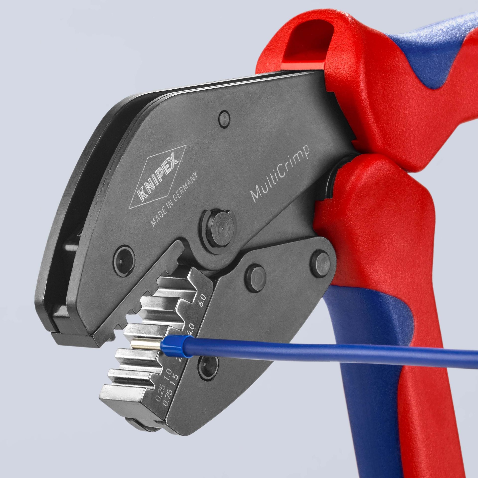 KNIPEX MultiCrimp® Crimpzange mit Wechselmagazin mit Mehrkomponenten-Hüllen brüniert 250 mm