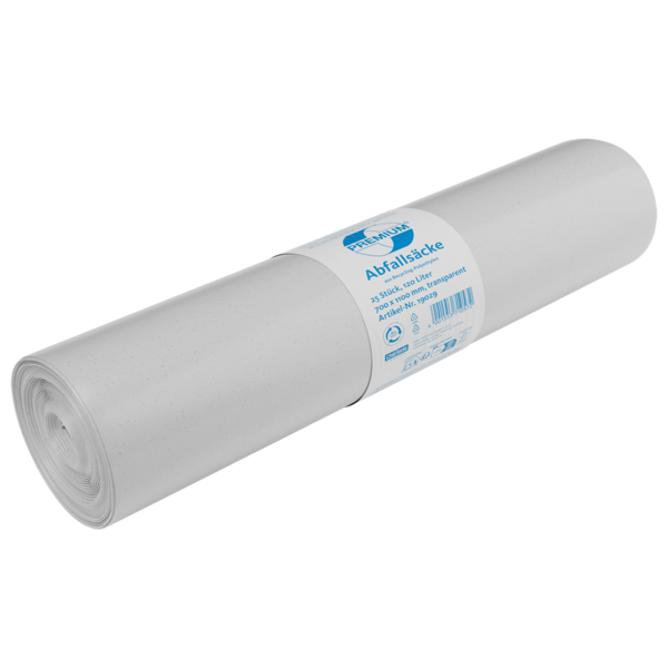 Abfallsäcke aus Recycling-LDPE, 120 Liter - RL=25Stk, KT=10 RL, Stärke: 37µ, 700x1100 mm Typ 60 transparent