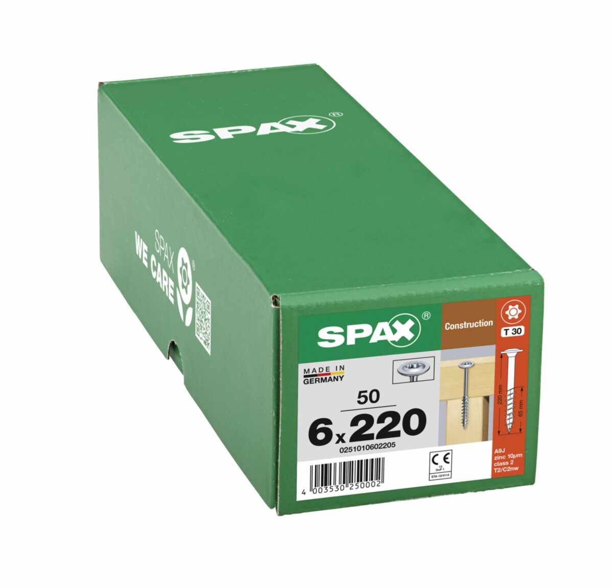 SPAX Holzbau Tellerkopf, 6 x 220 mm, 50 Stück, Teilgewinde, T-STAR plus T30, 4CUT, WIROX - 0251010602205