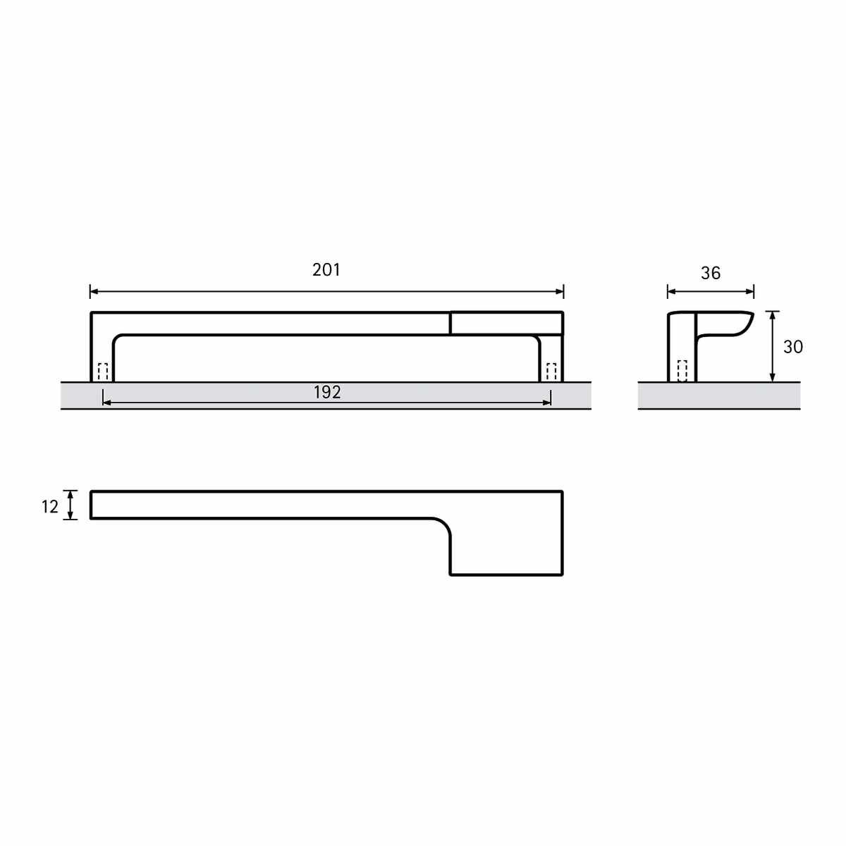Griff Zenga rechts, Bohrabstand 192, L 201 mm, B 3