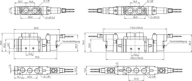 5/3-Wege Magnetventil, G 1/8", belüftet, 24 V=