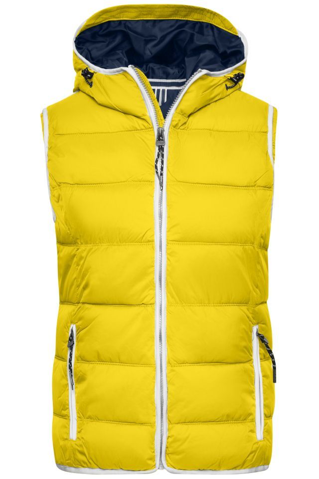 Ladies' Maritime Vest Modische Steppweste mit angeschnittener Kapuze gelb/weiß, Gr. M