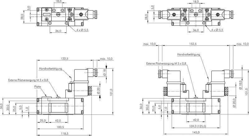 ISO-Ventil (Größe 1), 5/3-Wege, Mittelstellung geschlossen, 24 V=