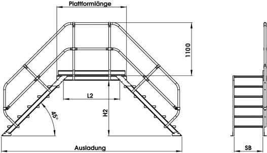 Überstieg 60 Grad 3 Stufen B 600 mm lichte Höhe 680 mm Ausladung 1850 mm