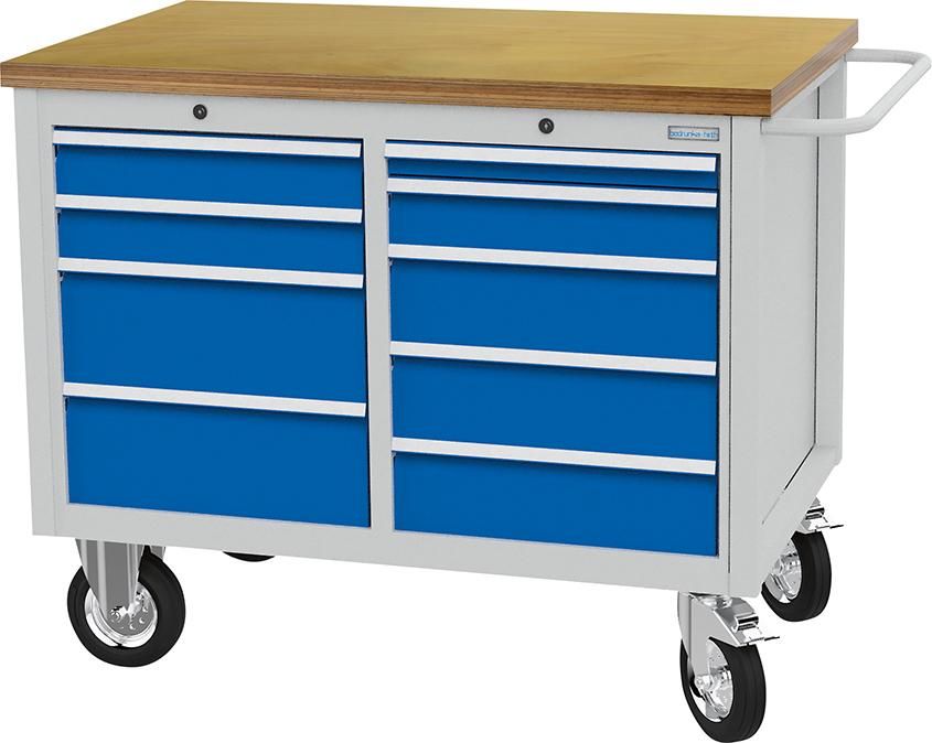 Mobile Werkbank buche MP 9 Schubladen 7035/5012 Traglast 700kg B1200xT750xH995mm