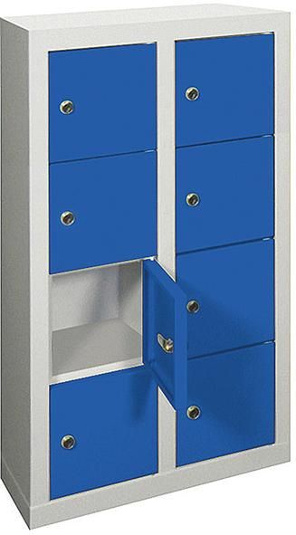 Kleinfach-Wandschrank H815xB460xT200 mm 2x4 Fächer RAL7035/5010 Türen glatt