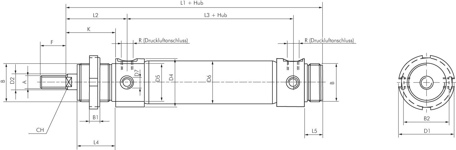 Rundzylinder, Kolben 32 mm, Hub 10 mm