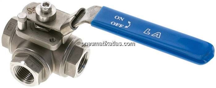 3-Wege Kugelhahn, Edelstahl, T-Bohrung, G 1/2", 0 bis 63bar