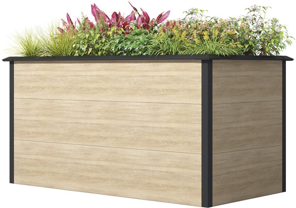EMMI Metall-Hochbeet 150 x 75 x 77 cm, Stahl mit Schneckenschutzkante pulverbesch. Holzdekor