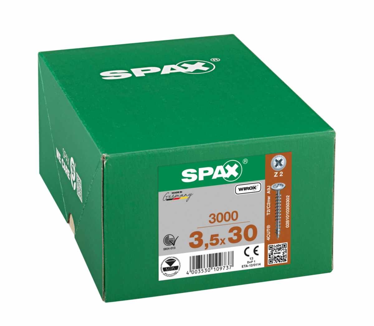 SPAX Universalschraube, 3,5 x 30 mm, 3000 Stück, Vollgewinde, Rückwandkopf, Kreuzschlitz Z2, 4CUT, WIROX - 0281010350302