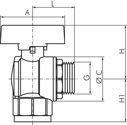Messing-Winkelkugelhahn, DVGW, R 1/2" / Rp 1/2", -0,9 bis 40bar