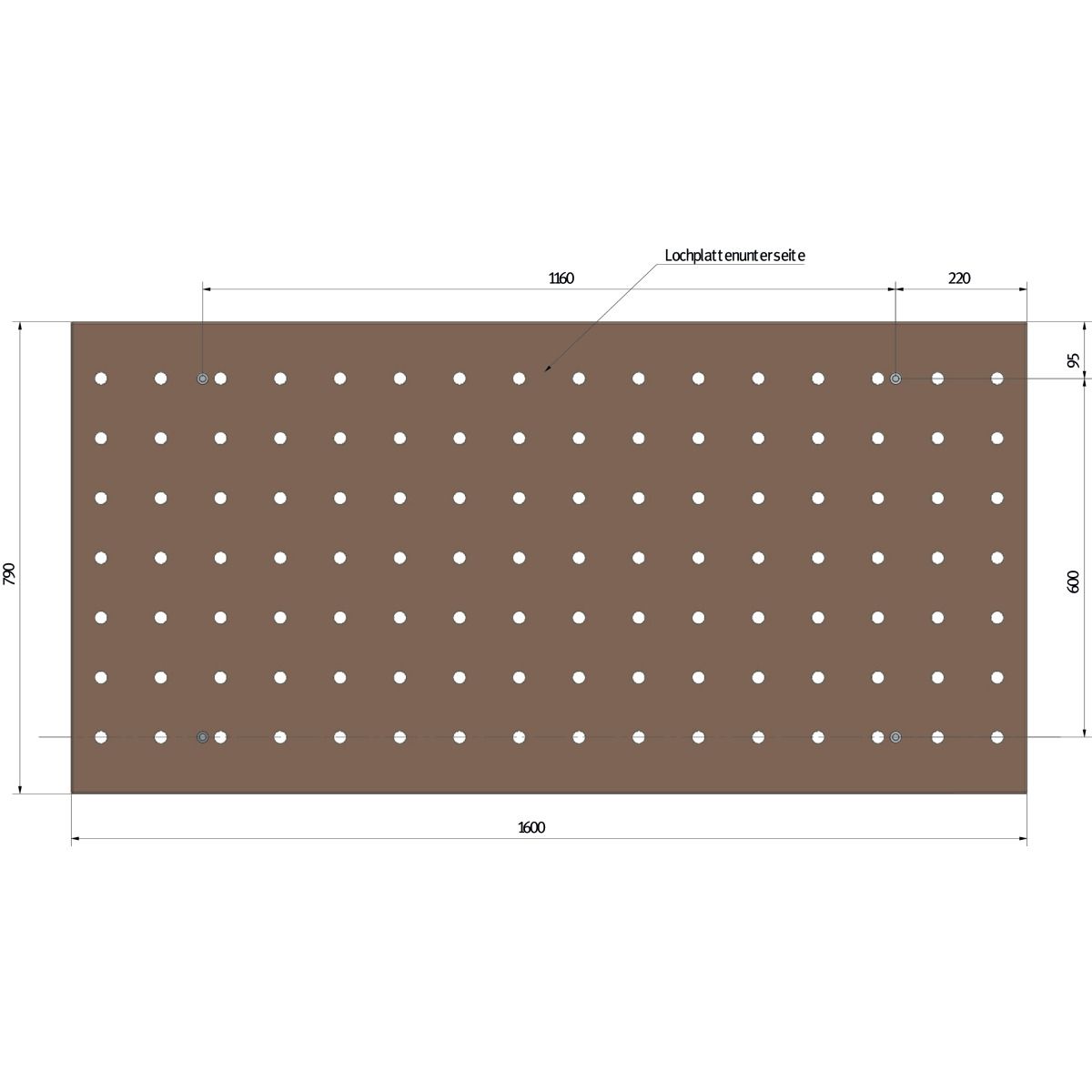 Lochrasterarbeitsplatte Unicraft Buche-Multiplex, 1600 x 790 mm