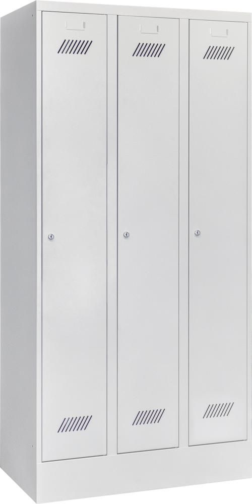 Kleiderschrank m. Sockel 3 Abteile, 300mm Zy.Schloss RAL 7035 B900xT500xH1850mm