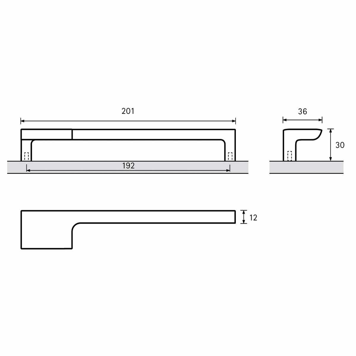 Griff Zenga links, Bohrabstand 192, L 201 mm, B 36