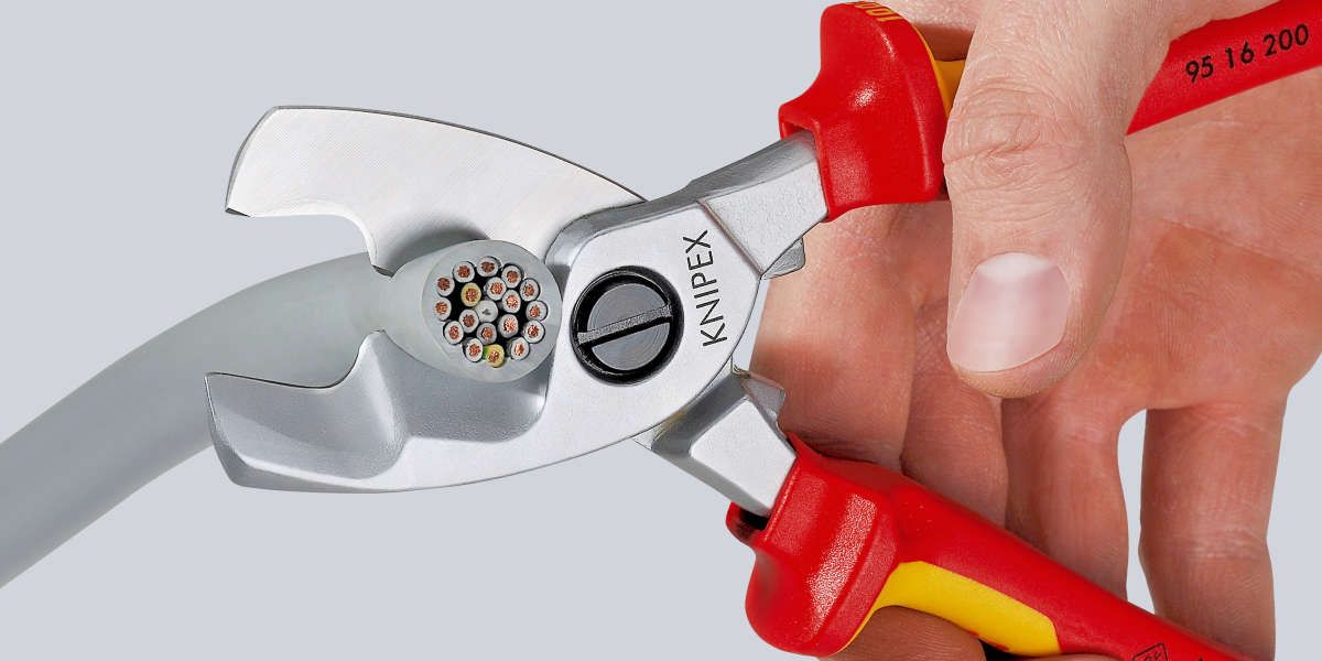 KNIPEX 95 16 200 Kabelschere mit Doppelschneide isoliert mit Mehrkomponenten-Hüllen, VDE-geprüft verchromt 200 mm