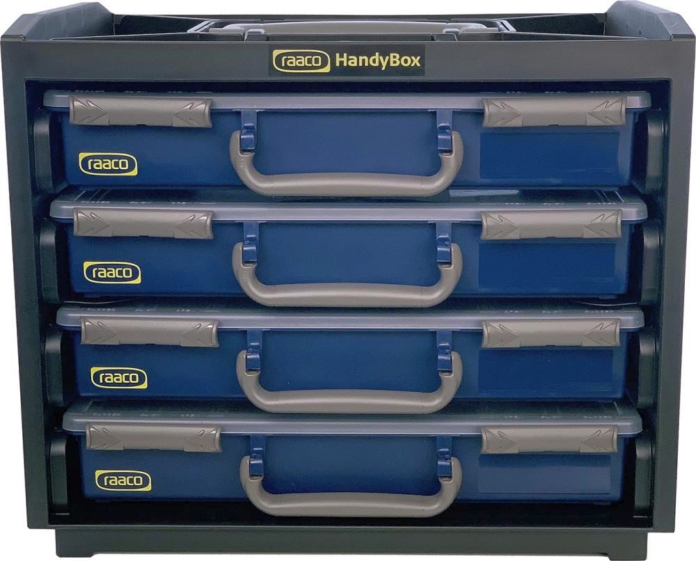 Trageschrank HandyBox Kunststoff mit 4 Sortimentskoffern blau raaco