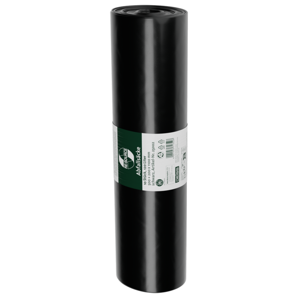 Abfallsäcke aus Recycling-LDPE 120 l mit PP-Band in Seitenfalte -  RL=10Stk,100Stk=Karton, schwarz