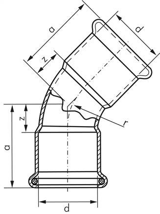Pressfitting, 45° Bogen, 15mm innen, Kupfer / Kupferlegierung