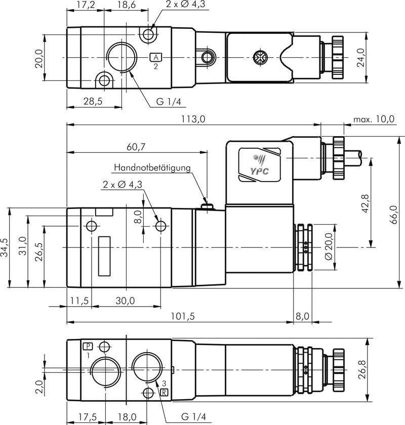 3/2-Wege Magnetventil, G 1/4", Federrückstellung (NC), 24 V=