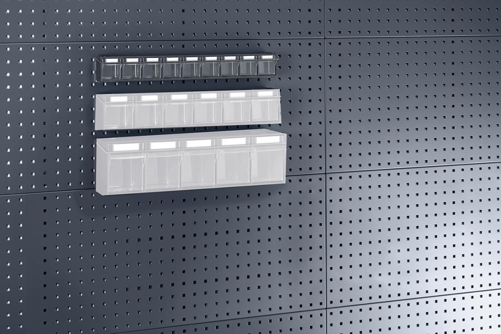Klarsichtmagazin B600xT68xH78 mm mit 9 Kästen für Lochplatten