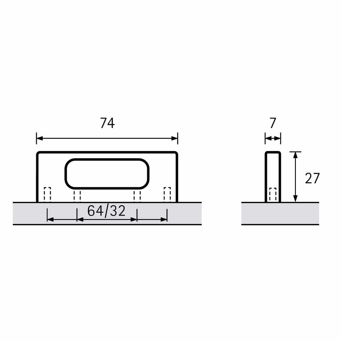 Griff Fermo, Bohrabstand 32 / 64 mm, L 74 mm, B 7