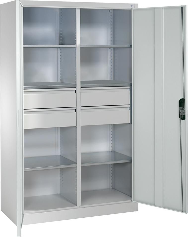 Flügeltürenschrank B930xT500xH1950 mm RAL 7035, 4 Schubladen mit Trennwand,6Fachböden