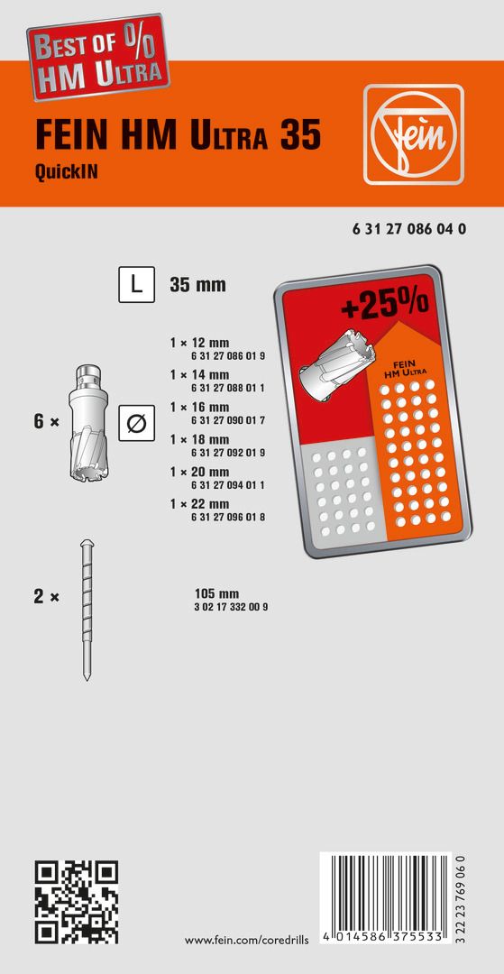 Kernbohrer-Set HM Ultra QuickIn 35 mm Fein je 1x Ø 12/14/16/18/20/22u. 2 Zentrierstifte 105mm