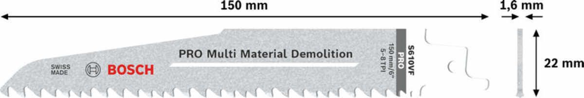 PRO Multi Material Demolition S610VF Säbelsägeblatt, 1,6 x 22 x 150 mm, 5-tlg.