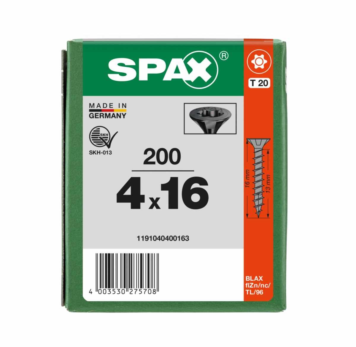 SPAX Universalschraube, 4 x 16, Vollgewinde, Senkkopf, T-STAR plus T20, 4-CUT, BLAX, 200 Stück - 1191040400163