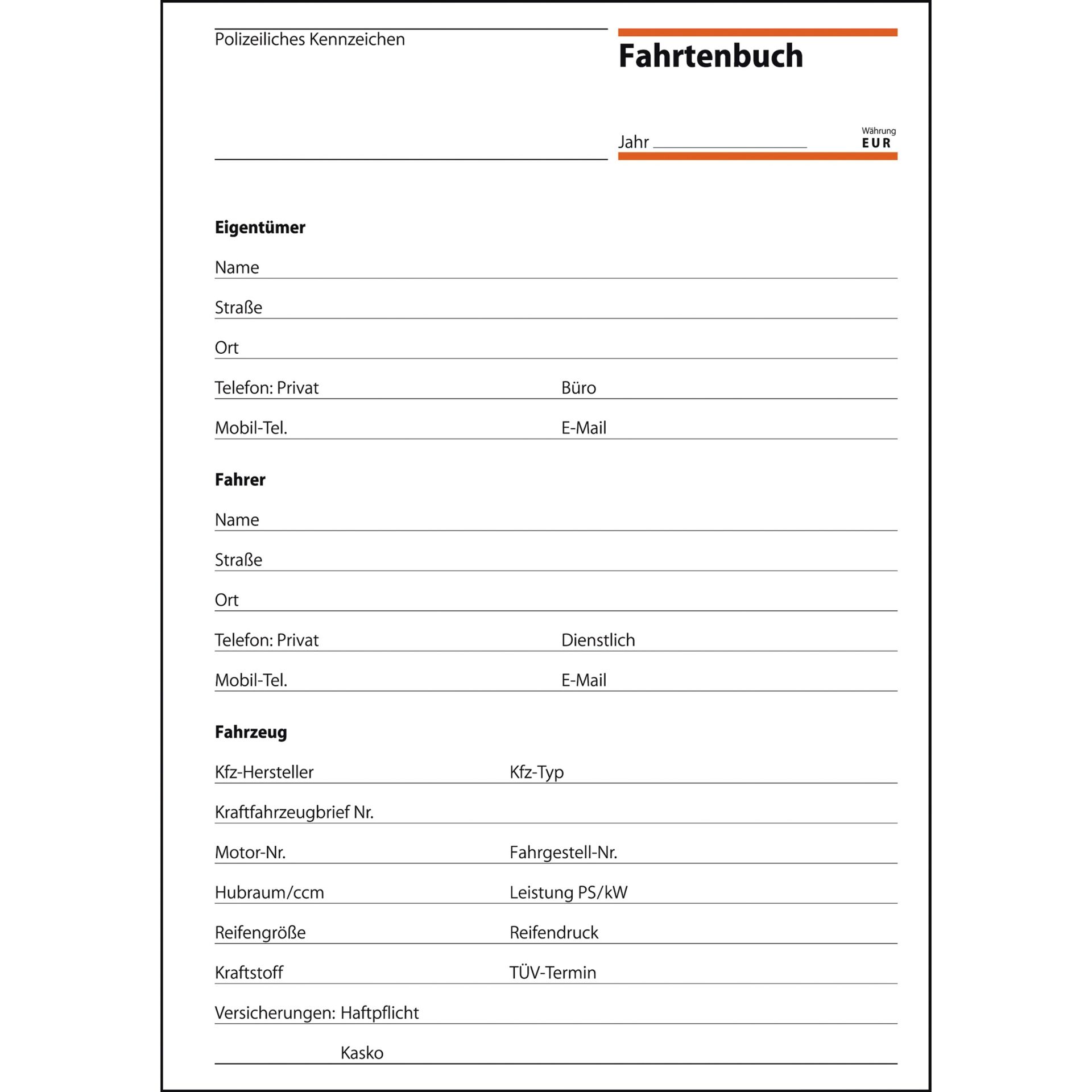 Fahrtenbuch PKW DIN A5 32Blatt