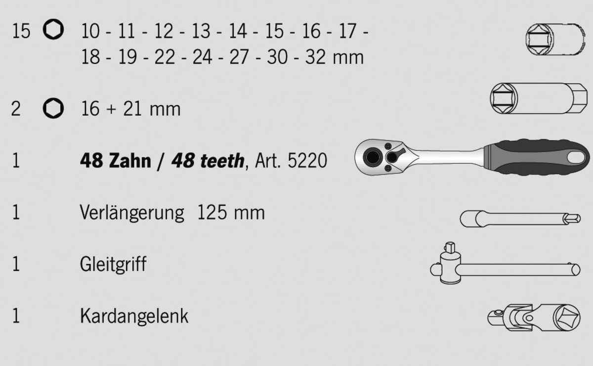 "1/2"" Steckschlüssel Satz 22tlg proficraft, 72 Zahn"