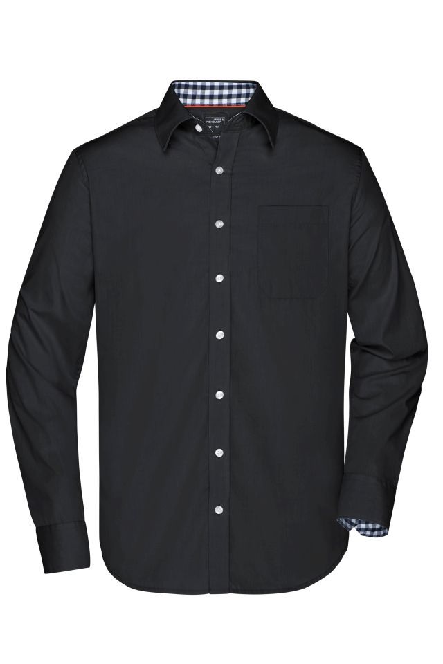 Men's Plain Shirt Modisches Shirt mit Karo-Einsätzen an Kragen und Manschette schwarz/weiß, Gr. S