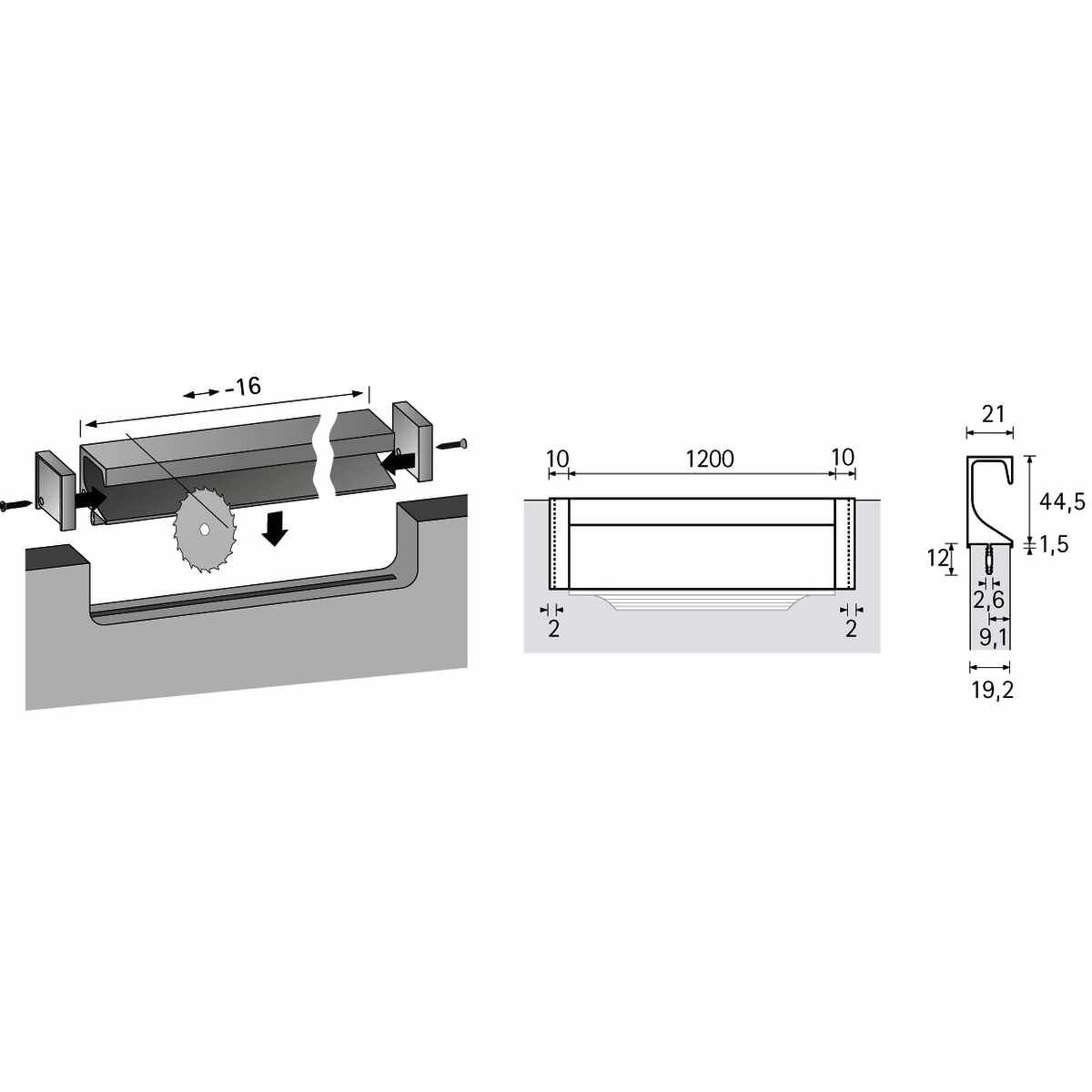 Einsetzgriff Capris, L 1200 mm, B 21 mm, H 46 mm,