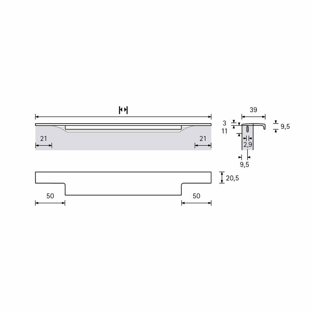 Griffleiste Lamezia, L 445 mm, B 39 mm, Aluminium