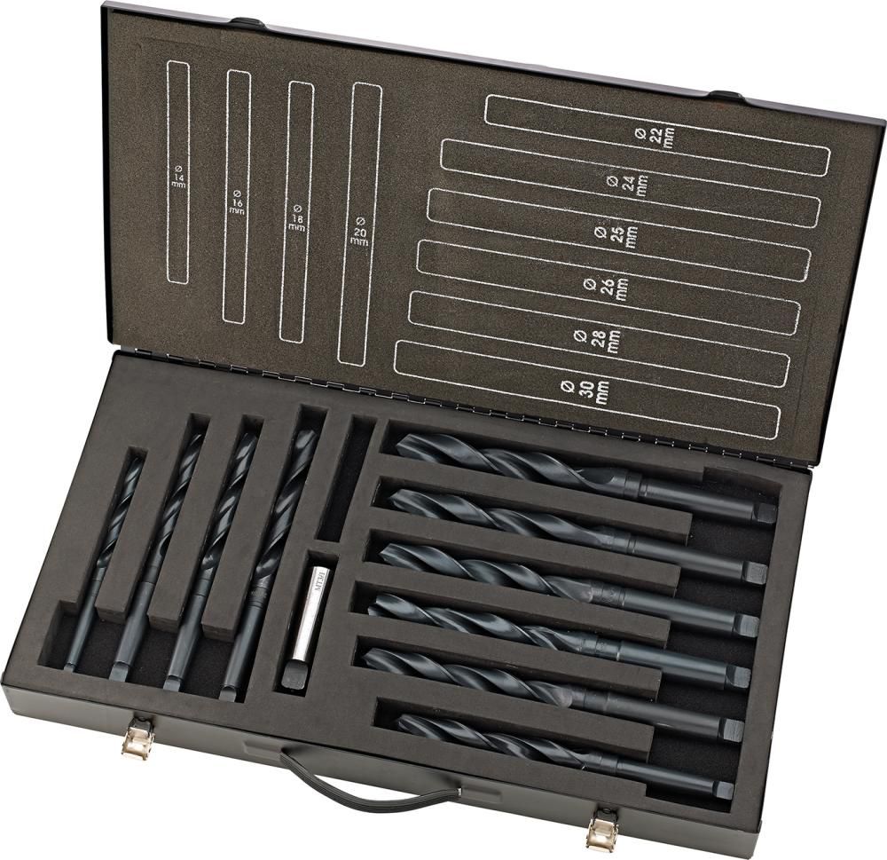 Spiralbohrer Set DIN345 HSS rollgewalzt 14-30mm, 2mm stg. + 25mm Metallkoffer FORTIS