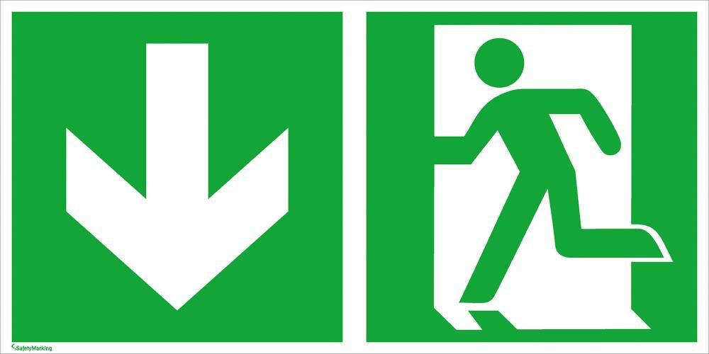 Fluchtwegschild Folie B300xH150 mm Notausgang links mit Pfeil abwärts langnachleuchtend