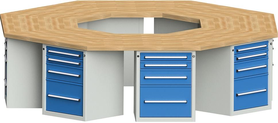 Anke 8-Eck-Werkbank B3018xT3266xH850mm RAL7035/5012 BMP: 50 mm 8 Schränke mit je 4 SL