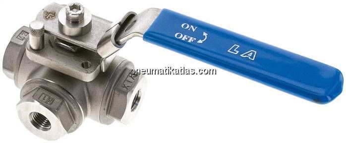 3-Wege Kugelhahn, Edelstahl, L-Bohrung, G 1/4", 0 bis 63bar