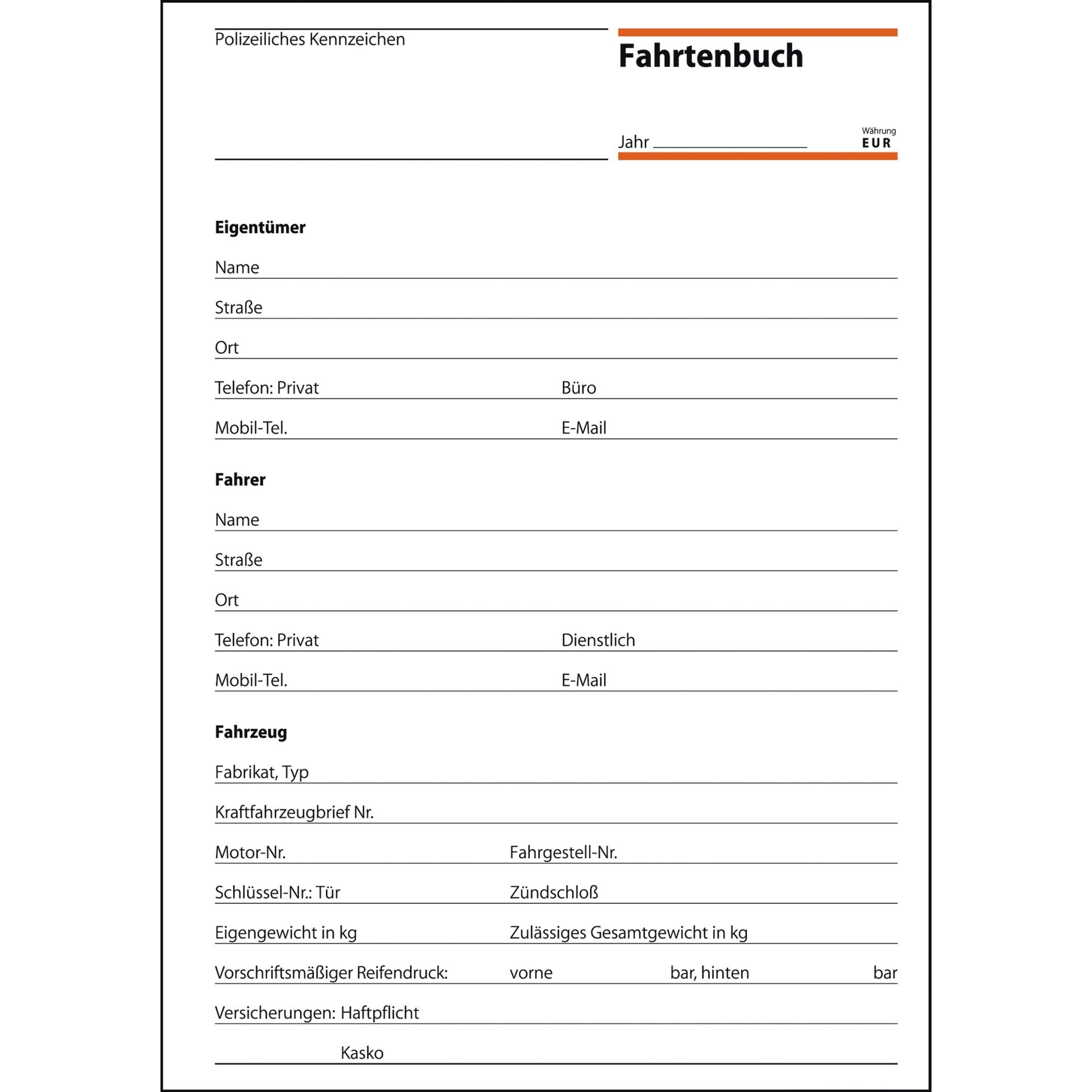 Fahrtenbuch DIN A5 für PKW/LKW 32Blatt