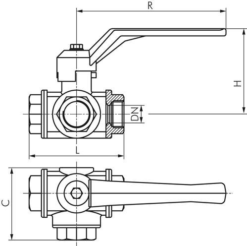 3-Wege Kugelhahn, Messing, L-Bohrung, G 1/4", -0,9 bis 55bar