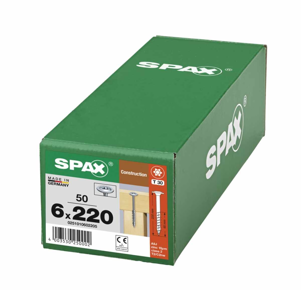 SPAX Holzbau Tellerkopf, 6 x 220 mm, 50 Stück, Teilgewinde, T-STAR plus T30, 4CUT, WIROX - 0251010602205