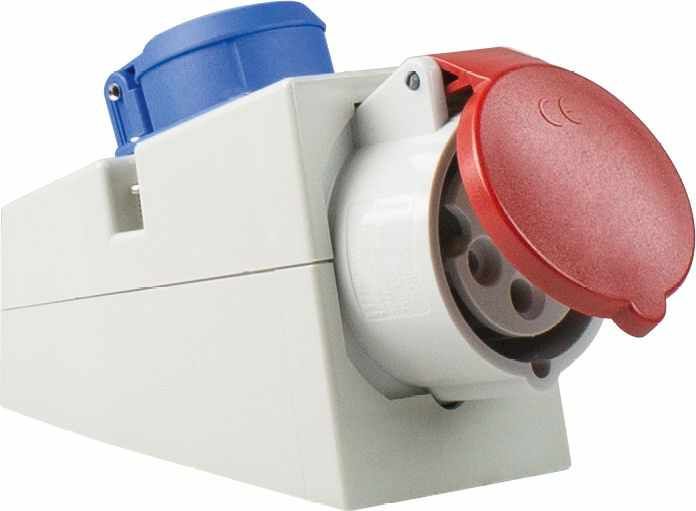 CEE Wand-Kombi-Dose 400V/16A Gehäuse aus Polyamid
 1 CEE-Steckdose 400V/16A/5polig u.1 Dose 230V,IP44