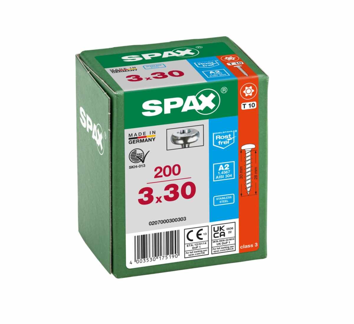 Spax Schr. P.Head Torx/A2 3,0X30 Vpe200